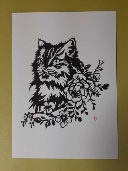 切り絵アート ネコとばらの花