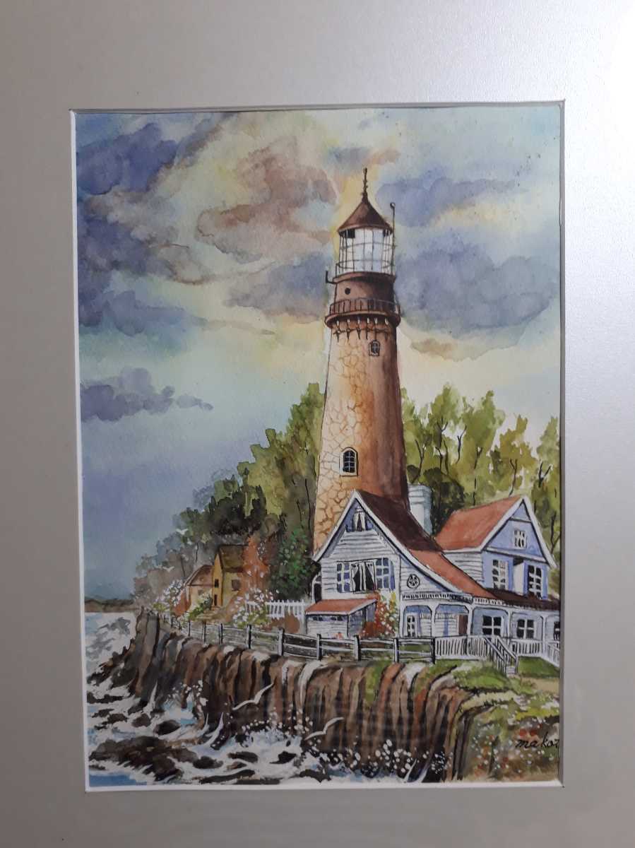 Pintura de acuarela: Faro en la orilla, Cuadro, acuarela, Naturaleza, Pintura de paisaje