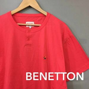 ベネトン BENTTON ヘンリーネック 刺繍 ロゴ 半袖 Tシャツ トップス 男性用 ハーフボタン ピンク メンズ XLサイズ ♭◇φ