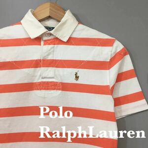 ポロラルフローレン PoloRalphLauren ラガーシャツ 半袖 カラーポニー ボーダー カスタムフィット オレンジ ホワイト メンズ XSサイズ ♭◇