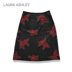 【リネン】ローラアシュレイ 花柄スカート 麻 綿 コットン 黒 ブラック レッド LAURA ASHLEY 麻 フラワープリント 個性的 レディース M