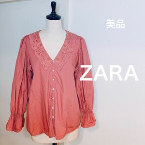 ブラウス ZARA ピンク ポプリンシャツ エンブロイダリー ザラ マルサラ