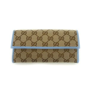 【中古】GUCCI グッチ GGキャンバス Wホック 長財布 キャンバス レザー ブラウン×ブルー系