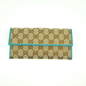 【中古】GUCCI グッチ GGキャンバス Wホック 長財布 キャンバス レザー ブラウン×エメラルドグリーン系