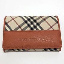 【中古】BURBERRY バーバリー カードケース 名刺入れ 二つ折り ノバチェック チェック柄 レザー ベージュ キャメル_画像1