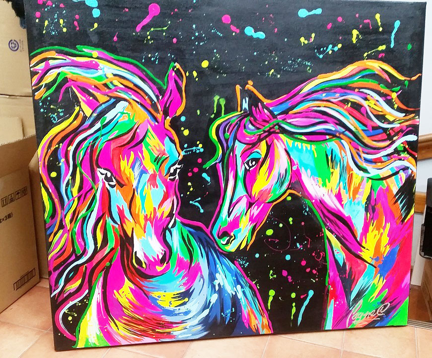 Peinture acrylique couleur pluie extra grande, Peint à la main par l'artiste, Cheval, Couple de chevaux, Cheval, Course de chevaux, Art arc-en-ciel, Coloré, Ouvrages d'art, Peinture, acrylique, Entaille