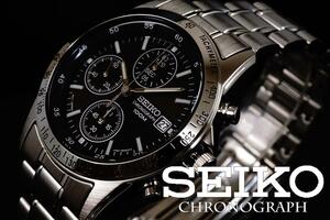 1円×3本セイコー逆輸入SEIKO欧州 100m防水 クロノグラフ 洗練された美しすぎるブラック 新品未使用 本物 メンズ 1スタ 腕時計