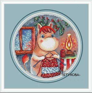 クロスステッチキット 編み物をするフローレン 雪 ムーミン 18CT 23×23cm 刺繍 クリスマス