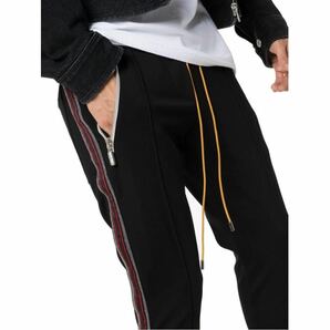 Lサイズ Rhude Black Cropped Slim Fit Tapered Webbing Trimmed Jersey Track Pants トラックパンツ RED BLACKの画像1