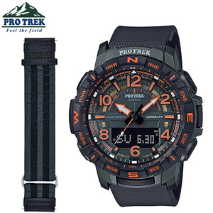 カシオ PROTREK スマホリンク PRT-B50FE-3 ミリタリーグリーン オレンジ アウトドア 登山 腕時計 GPS 消費カロリー 防水 ナイロンベルト付
