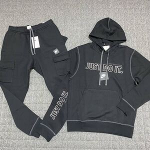 秋冬 新品 NIKE ナイキ 上下セット パーカー スウェットパンツ カーゴパンツ NSW 刺繍 プリント セットアップ 黒ブラック 正規品 XL裏起毛