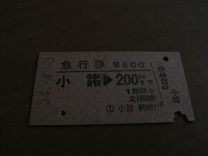 急行券　小諸→200㎞まで　昭和54年4月3日　小諸駅発行