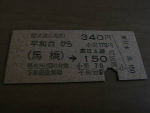 総武流山鉄道JR連絡乗車券　平和台から(馬橋)→東日本線150円区間　平成3年7月30日　平和台駅発行