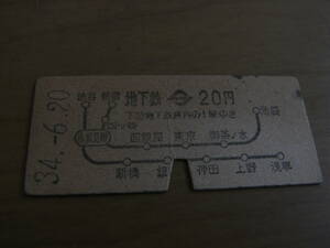 帝都高速度交通営団　地下鉄20円　昭和34年6月20日　上野駅発行