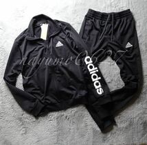 新品 正規品 サイズO(XL) adidas アディダス ジャージ 上下セット 黒 ブラック ジップジャケット ジョガーパンツ 白 袖 ロゴプリント_画像1