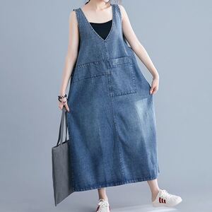 【値下げセール☆】ジャンパースカート プルオーバー デニム ワンピース V字 M L
