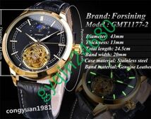A004:メンズ高級腕時計 43mm 機械式 自動巻き トゥールビヨン サン&ムーン表示 本革ベルト 紳士ウォッチ カジュアル G_画像2