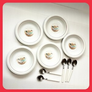 【新古品・未使用】スープ皿 カレー皿 WILD DUCK フリー皿 スプーン付 5客組 昭和レトロポップ