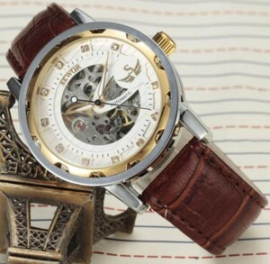 1円★注目価格★メンズ スケルトン 腕時計 手巻き式 海外 革 ベルト レザー ビジネス シルバー×ゴールド×ブラウン1