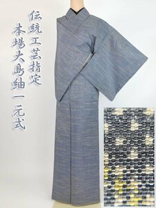 着物さと　伝統工芸指定 本場大島紬 一元式 5マルキ 経緯絣 手織り 正絹 水色 青 黄色 レモンイエロー 袷 着物 着丈155 シンプル モダン