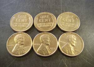  小麦1セントコイン 1950年～1959年6枚セット S刻印 送料無料 （13220）リンカーン 貨幣 硬貨 ペニー 北アメリカ古銭 USA