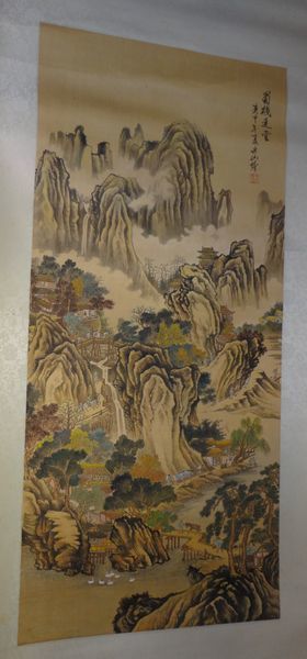 Rare Vintage Renunshurou Ancient Landscape Scroll Landscape Painting Silk Hand-painted Hanging Scroll Box Painting Chinese Painting Antique Art, Artwork, book, hanging scroll