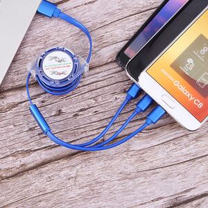 3in1 巻き取り式 急速充電ケーブル iPhone/android/type -c 対応 ブルー