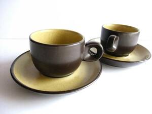 Noritake　FOLK STONE　ノリタケ　フォークストーン　カップ＆ソーサー　2点セット　アンティークレトロ　茶色×黄色　2客セット