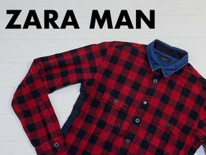 ☆送料無料☆ ZARA MAN ザラ メン 古着 長袖 バッファローチェック ネルシャツ メンズ L レッド トップス 中古 即決