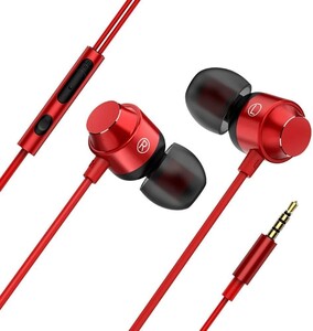 イヤホン 3.5MM マイク付き 有線 カナル型 リモコン付き (レッド)