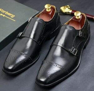 26.0cm本革ダブルモンクストラップ ウィングチップ高級紳士靴 高品質 ビジネスシューズ
