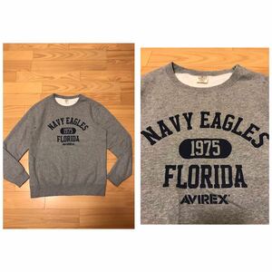 良品☆AVIREX USA/アヴィレックス　 XL 裏起毛スウェット・4段ネイビー紺プリント NAVY EAGLES FLORIDA&ロゴ入 霜降りグレー ミリタリー/B3