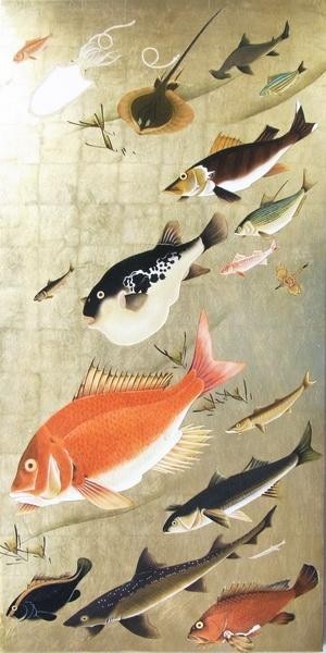 이토 자쿠추(Ito Jakuchu)의 옻칠 그림, 걸작 : 물고기 학교, 도미 NH285, 그림, 일본화, 다른 사람