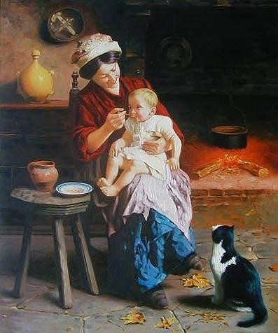 Special price oil painting Zampighi's masterpiece_Life with mother, child and cat MA135, Painting, Oil painting, Portraits