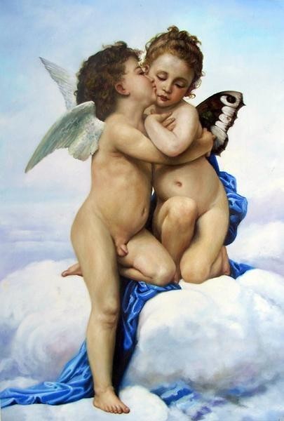 Peinture à l'huile à prix spécial, chef-d'œuvre de William Bouguereau _Premier baiser_Aussi connu sous le nom d'enfance de Cupidon et Shuke MA269, peinture, peinture à l'huile, portrait