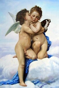 Art hand Auction Special price oil painting William Bouguereau's masterpiece _First Kiss_Also known as the childhood of Cupid and Shuke MA269, painting, oil painting, portrait