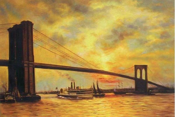 Sonderpreis Ölgemälde Meisterwerk von Emile Renouf Brooklyn Bridge in der Abenddämmerung MA493, Malerei, Ölgemälde, Natur, Landschaftsmalerei
