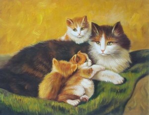 Art Auction 油絵 猫の親子 MA283, 絵画, 油彩, 人物画