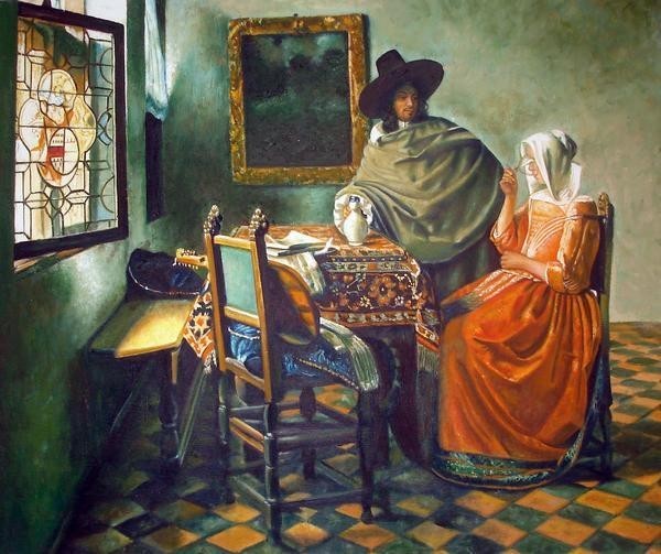 Precio especial pintura al óleo La obra maestra de Vermeer_Caballero y una mujer bebiendo vino ma260, Cuadro, Pintura al óleo, Retratos