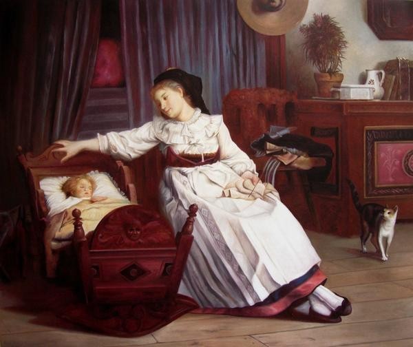 Special price oil painting masterpiece by Camille Aflred Pabst_The Cradle ma534, Painting, Oil painting, Portraits