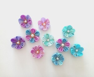 ブルー系 パープル系 つまみ細工 ちりめん細工 ハンドメイド