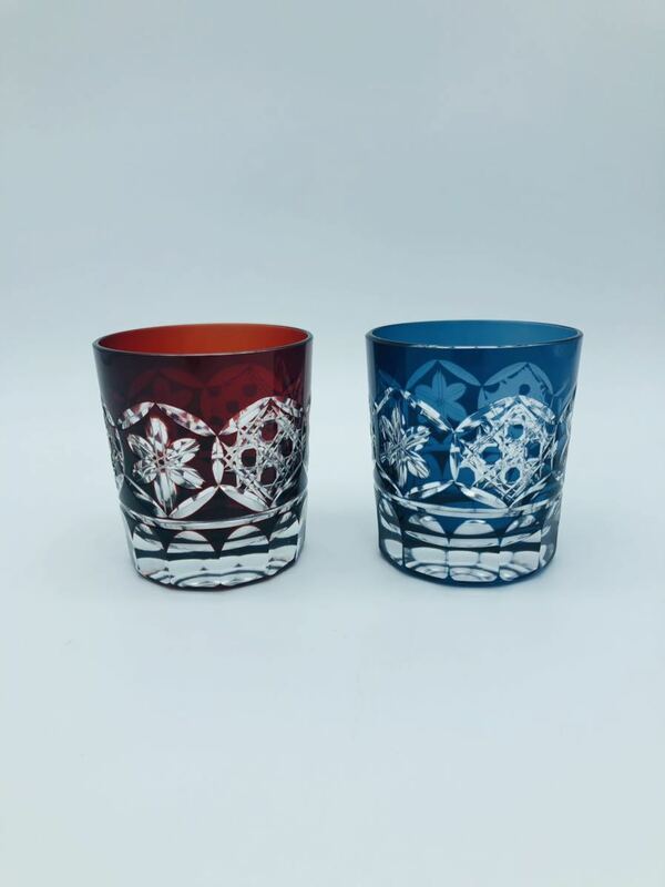 切子グラス 江戸 工芸 切子 ロックグラス 赤 青 セット ペア 高さ 約9cm 中古 美品