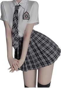 制服 コスプレ セクシー (3点セット) (ギャル JK シャツ + 制服スカート + ネクタイ) 半袖 学生服 セーラー服 夏服 cosplay 女子高生制服