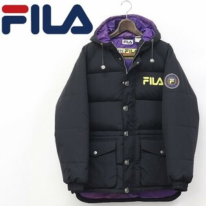 ヴィンテージ 90's◆FILA/フィラ ロゴ刺繍 ラバーワッペン付 ナイロン フーデッド ダウン ジャケット ブラック M