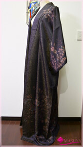 訪問着　濃い紫　金糸　細かい柄　花模様　裄65㎝　着丈154㎝　絹　着物　呉服