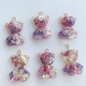 No.5 ハンドメイドパーツ レジンパーツ くま クマチャーム 押し花 イヤリング ピアス