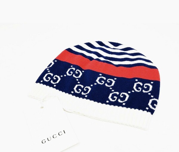 未使用品 グッチ ニットキャップ ニット帽 ベビー 赤ちゃん GG柄 コットン100％ トリコロール #L GUCCI ニット帽