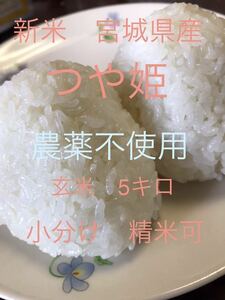 新米　令和３年産　宮城県産　つや姫　玄米5Kg 栽培期間中農薬不使用　精米可