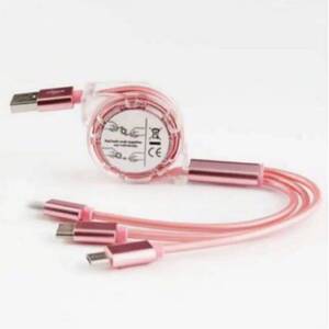 iPhone/microUSB/typeC対応 巻き取り式充電ケーブル ピンク