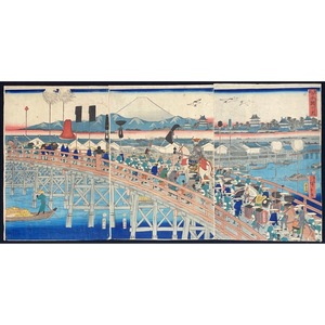 hana_desu15 東都日本橋行列 三枚続 広重二代 Hiroshige II 江戸時代 本物 浮世絵 木版画 大判 錦絵 名所絵 行列 日本橋 triptych ukiyoe